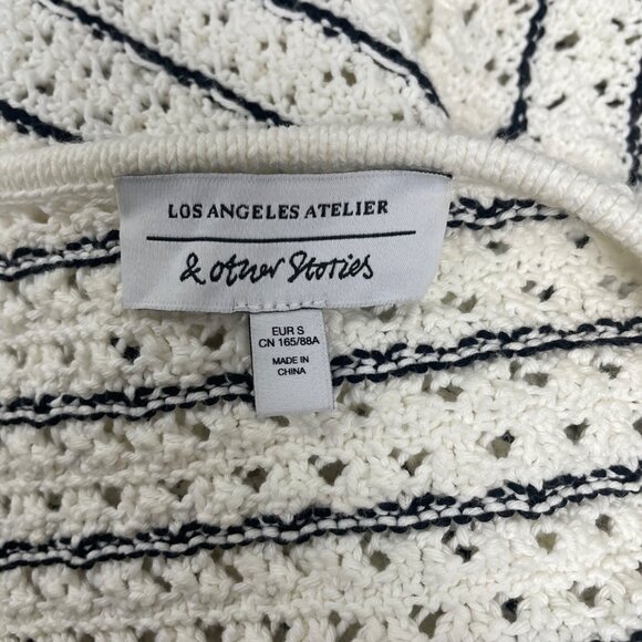 & Other Stories Womens White/Black Crochet Crop Top Tie Front Short Sleeve Sz S - Picture 4 of 6